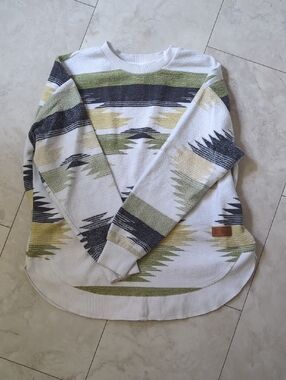 Women's Crewneck Sweater in White with Green & Black Aztec Stripe